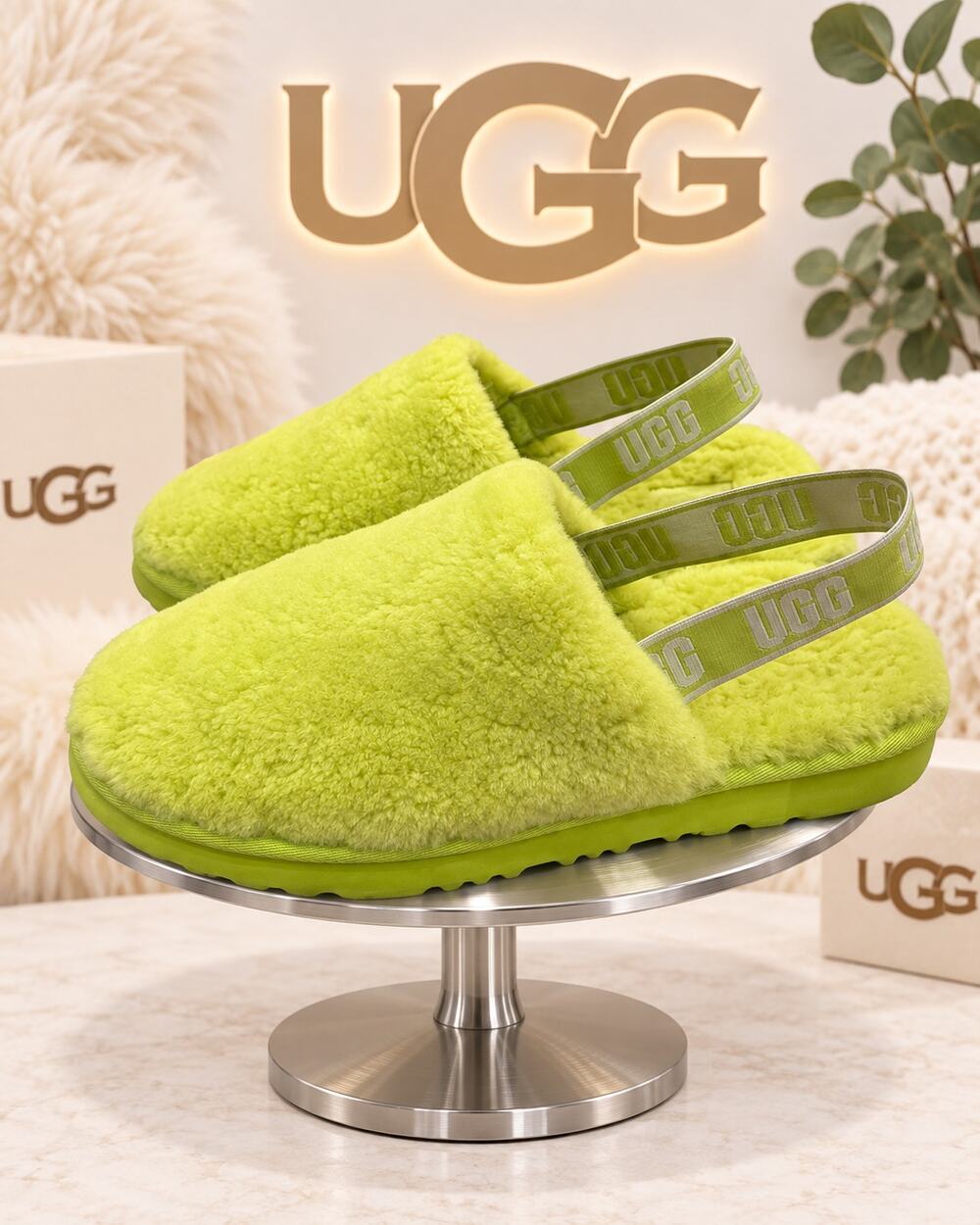 UGG Fluff Yeah Slide Neon Lime Sheepskin Slingback Slippers Women’s Size 6